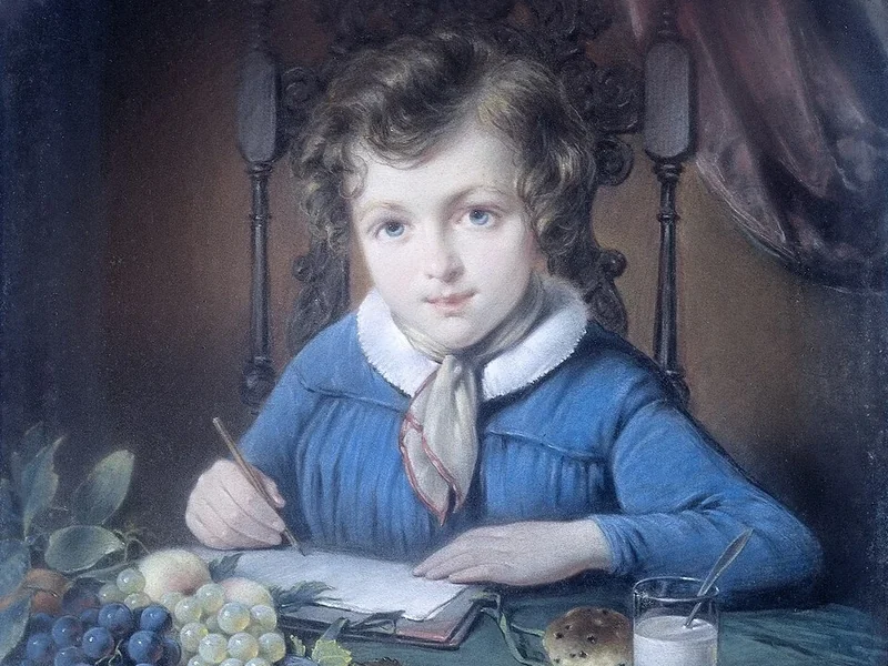 1786-Jean Augustin Daiwaille - Ritratto di un ragazzo seduto in una nicchia di una finestra, vestito con una giacca blu
